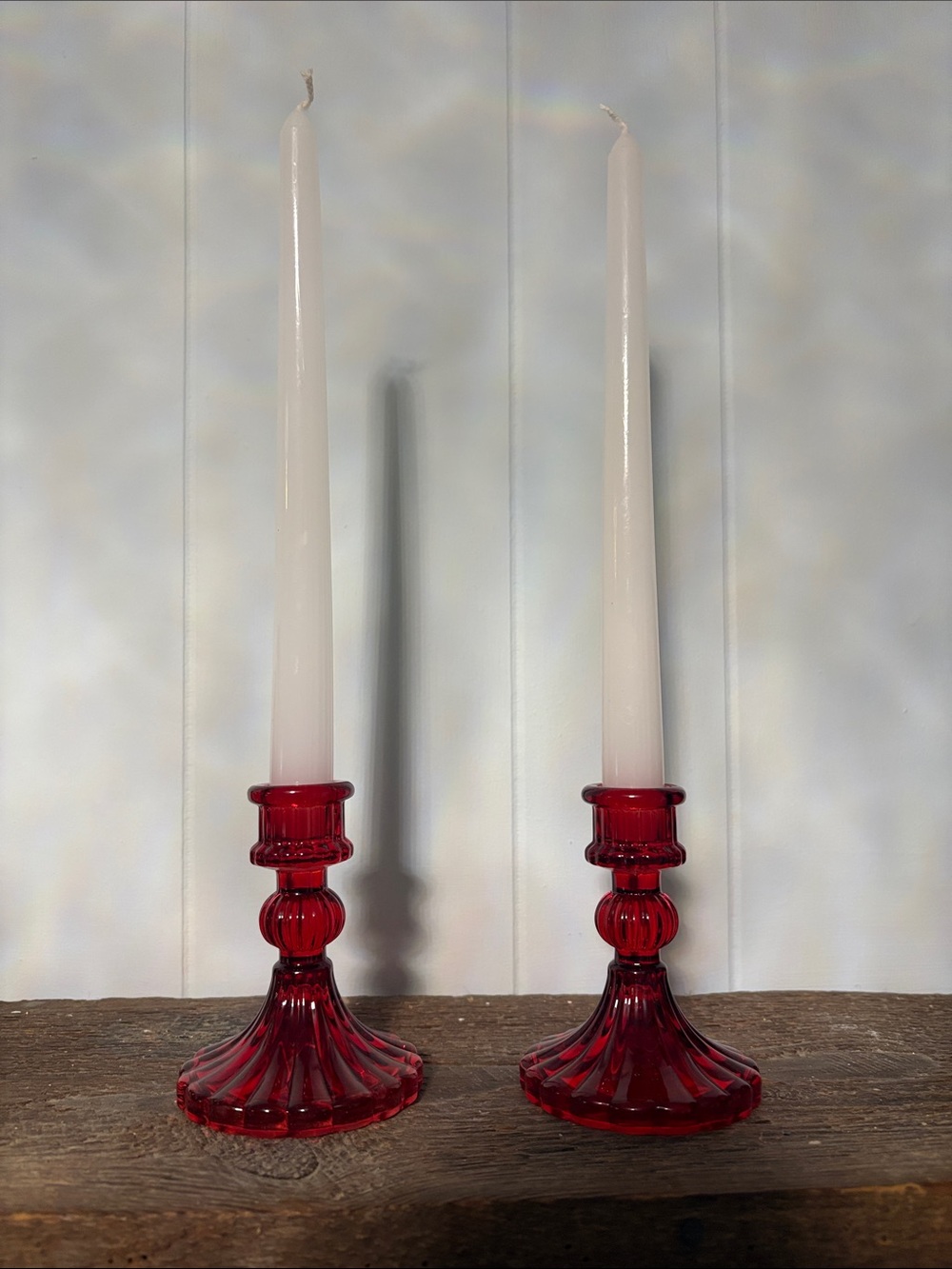 Set of 10 Red Glass Candlestick Holders